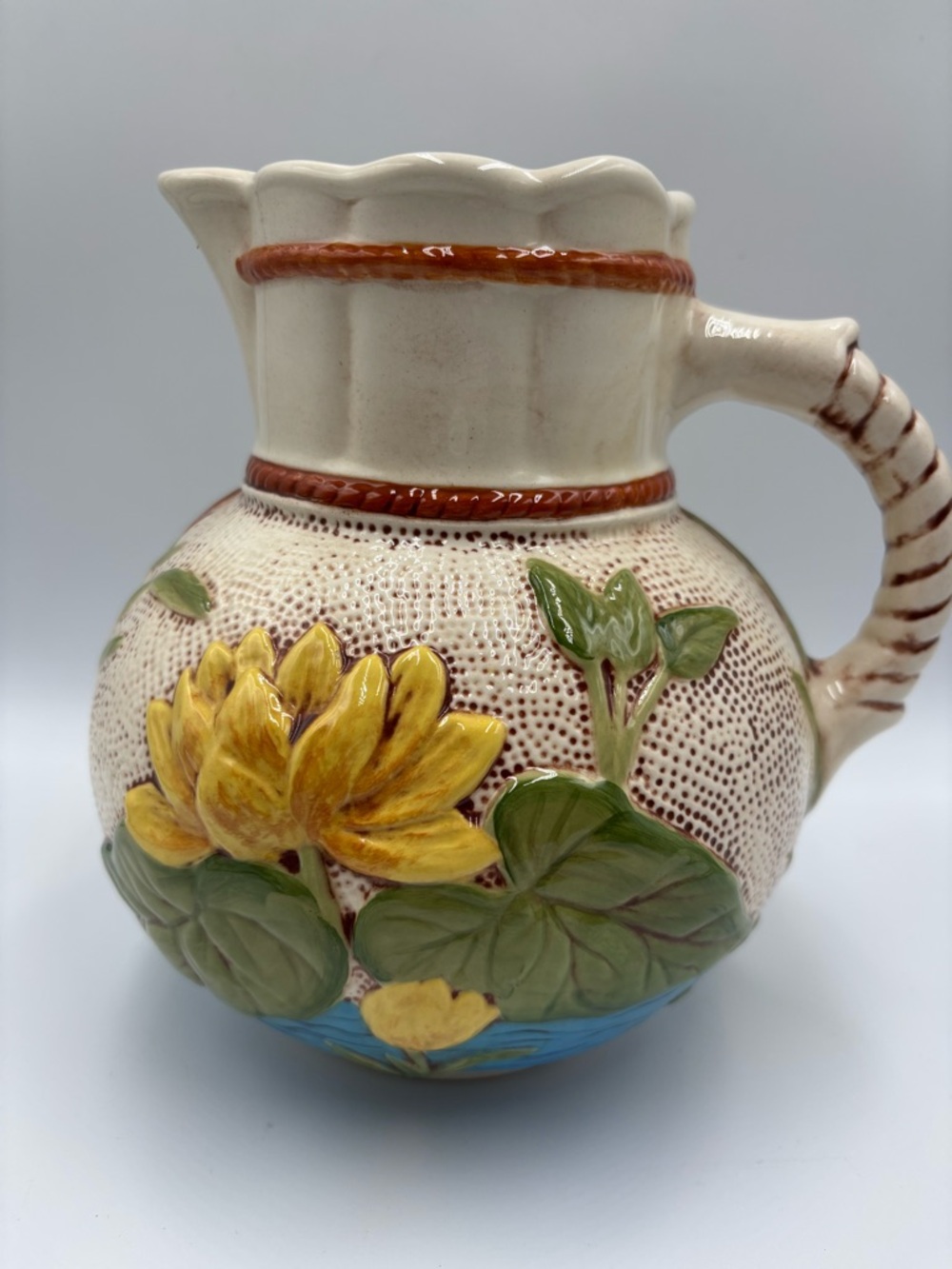 Samuel Lear Pond Lily & Rope Pattern Majolica Pitcher Rope Handle Reproduction - Picture 2 of 7